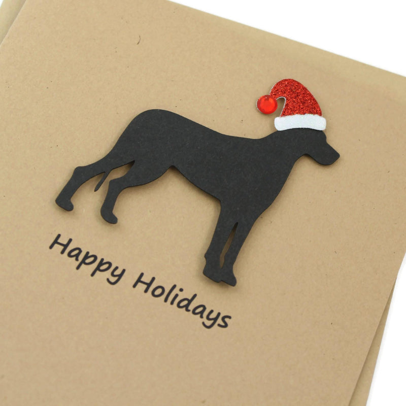 Great Dane Christmas Greeting Cards Pack of 10 | Handmade Black Dog Holiday Boxed Set | Sparkly Santa Hat Kraft Brown with Envelopes