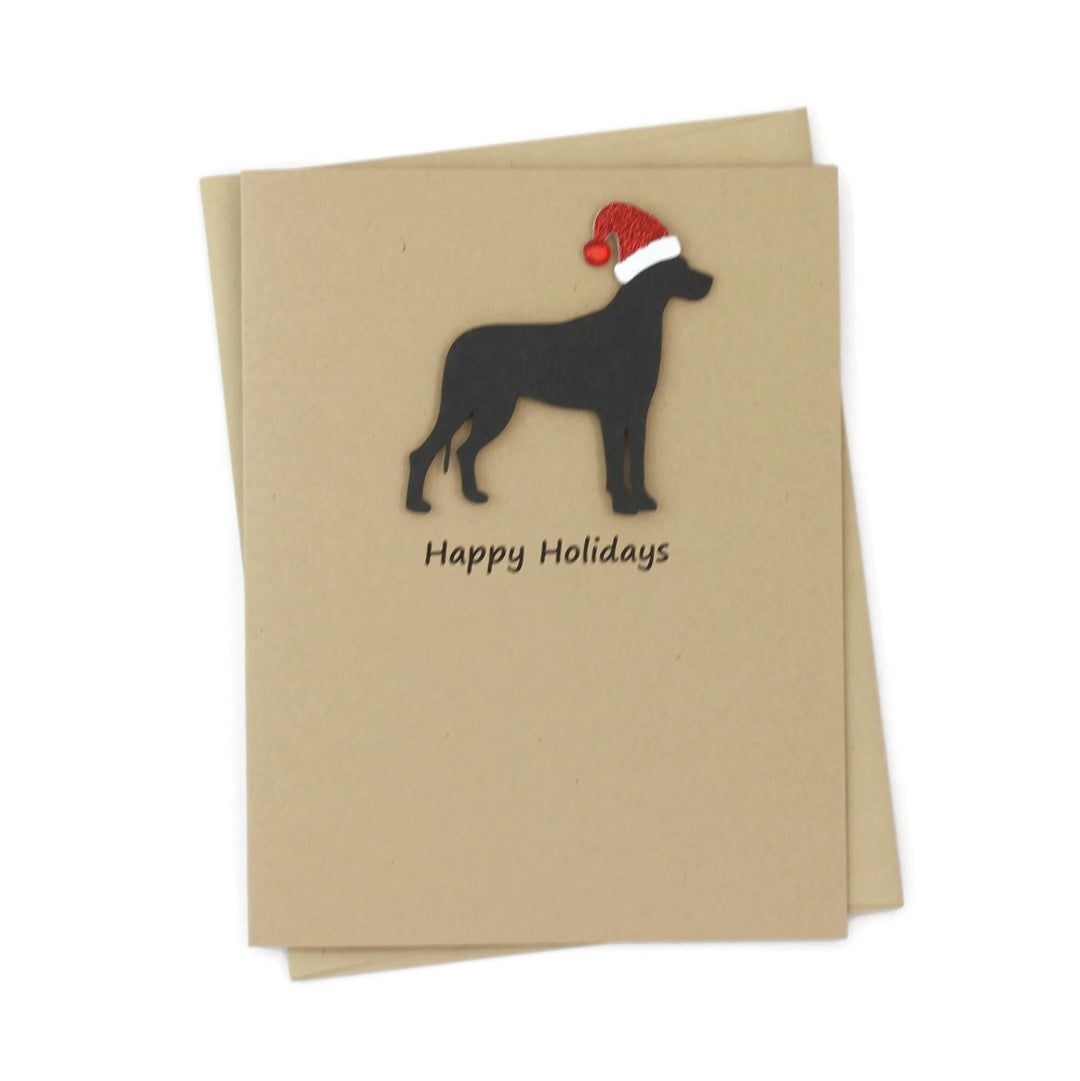 Great Dane Christmas Greeting Cards Pack of 10 | Handmade Black Dog Holiday Boxed Set | Sparkly Santa Hat Kraft Brown with Envelopes