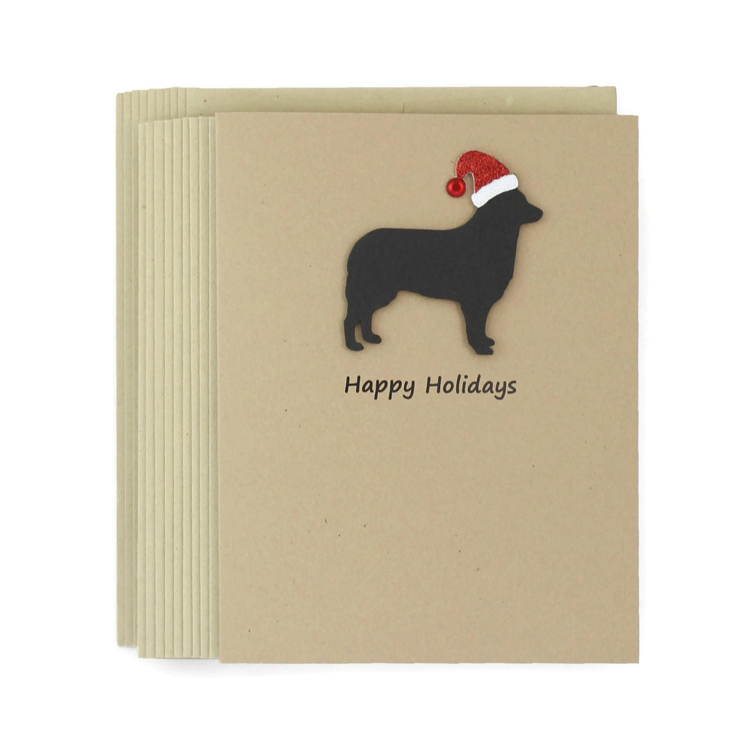 Siberian Husky Christmas Greeting Cards Pack of 10 | Handmade Black Dog Holiday Boxed Set | Sparkly Santa Hat Belgian Tervuren Sheepdog