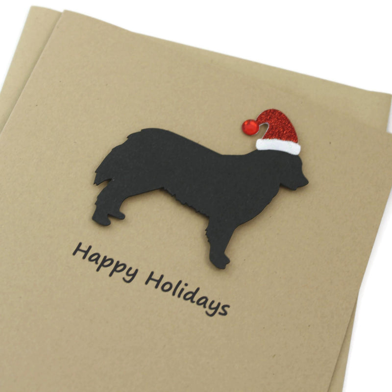 Bernese Mountain Dog Christmas Greeting Cards Pack of 10 | Handmade Black Dog Holiday Boxed Set | Sparkly Santa Hat Kraft Brown Envelopes