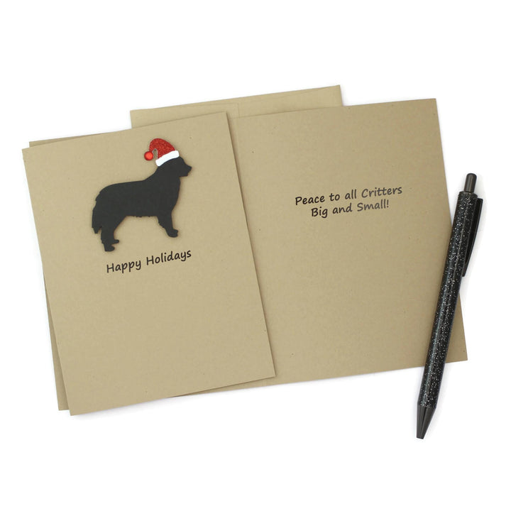 Bernese Mountain Dog Christmas Greeting Cards Pack of 10 | Handmade Black Dog Holiday Boxed Set | Sparkly Santa Hat Kraft Brown Envelopes