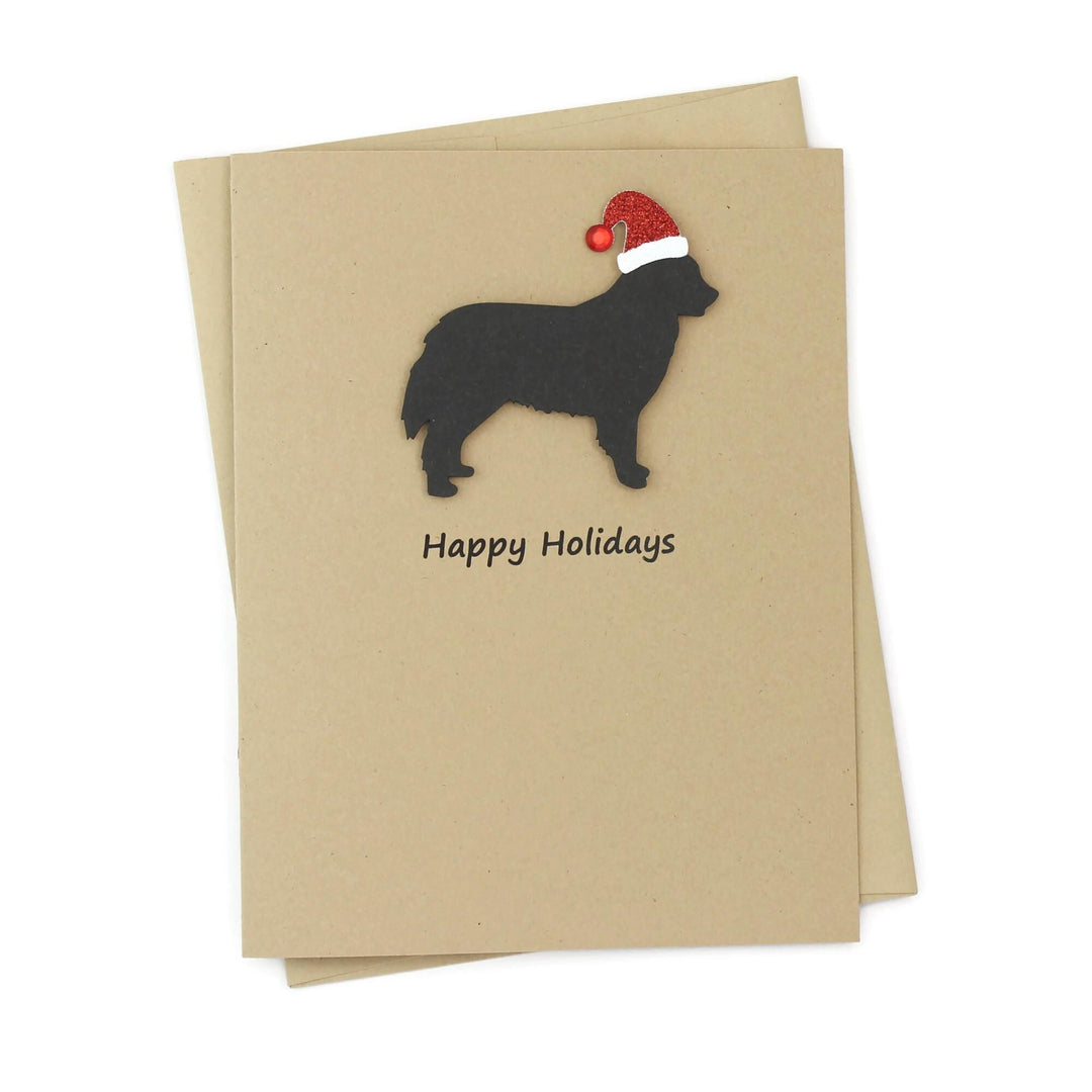 Bernese Mountain Dog Christmas Greeting Cards Pack of 10 | Handmade Black Dog Holiday Boxed Set | Sparkly Santa Hat Kraft Brown Envelopes