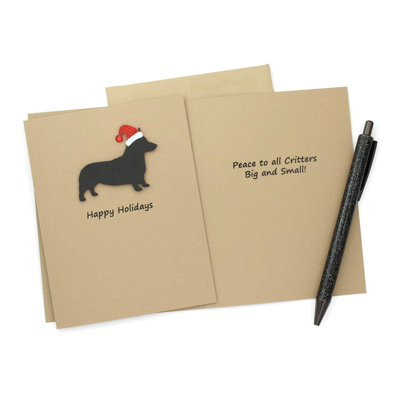 Pembroke Welsh Corgi Christmas Greeting Cards Pack of 10 | Handmade Black Dog Holiday Boxed Set | Sparkly Santa Hat Kraft Brown Envelopes