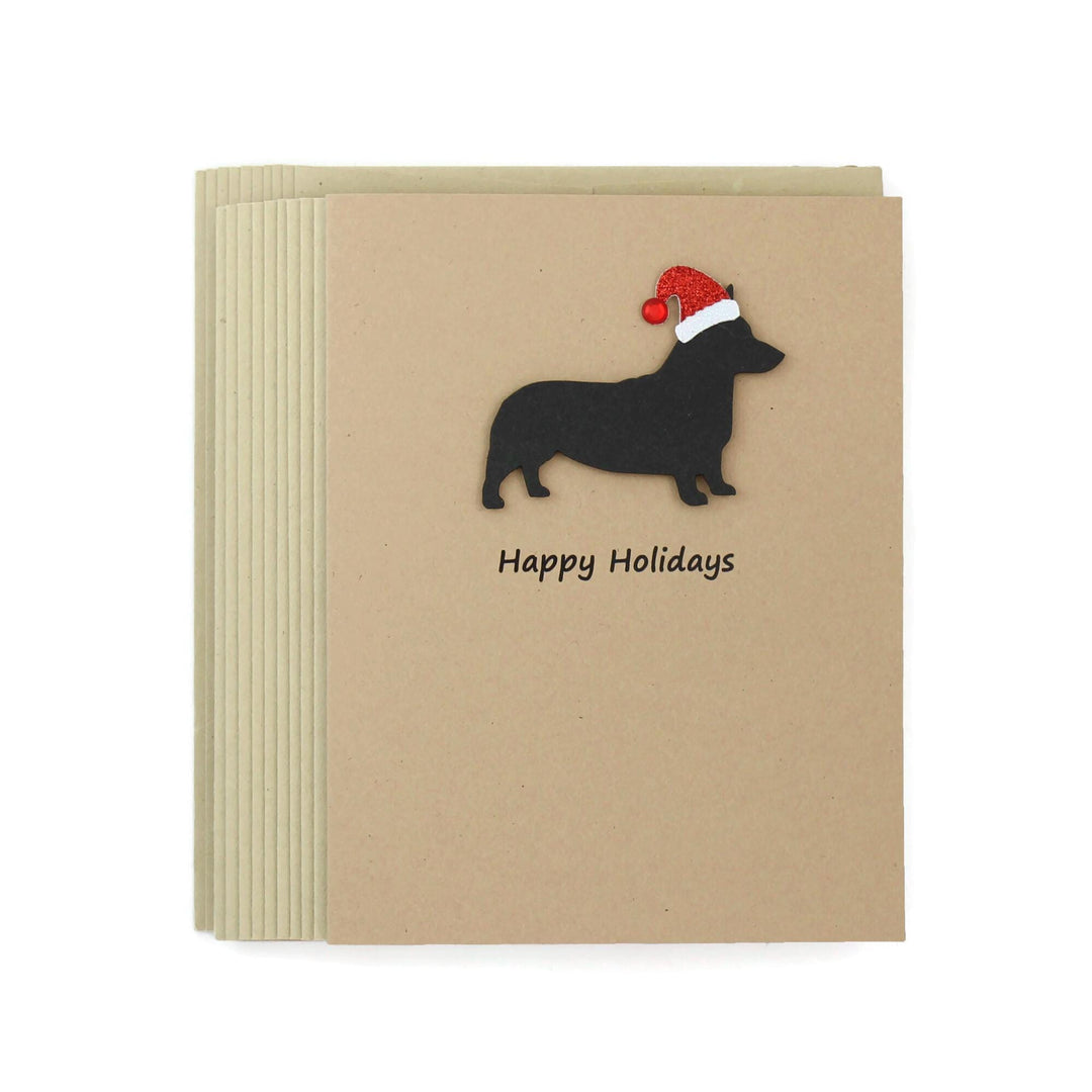 Pembroke Welsh Corgi Christmas Greeting Cards Pack of 10 | Handmade Black Dog Holiday Boxed Set | Sparkly Santa Hat Kraft Brown Envelopes