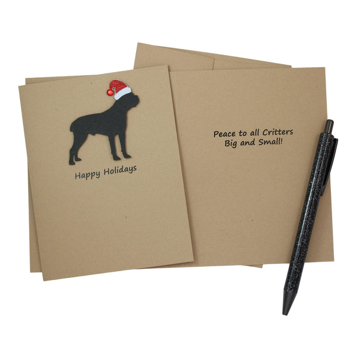 Cane Corso Christmas Greeting Cards Pack of 10 | Handmade Black Dog Holiday Boxed Set | Sparkly Santa Hat Kraft Brown Envelopes