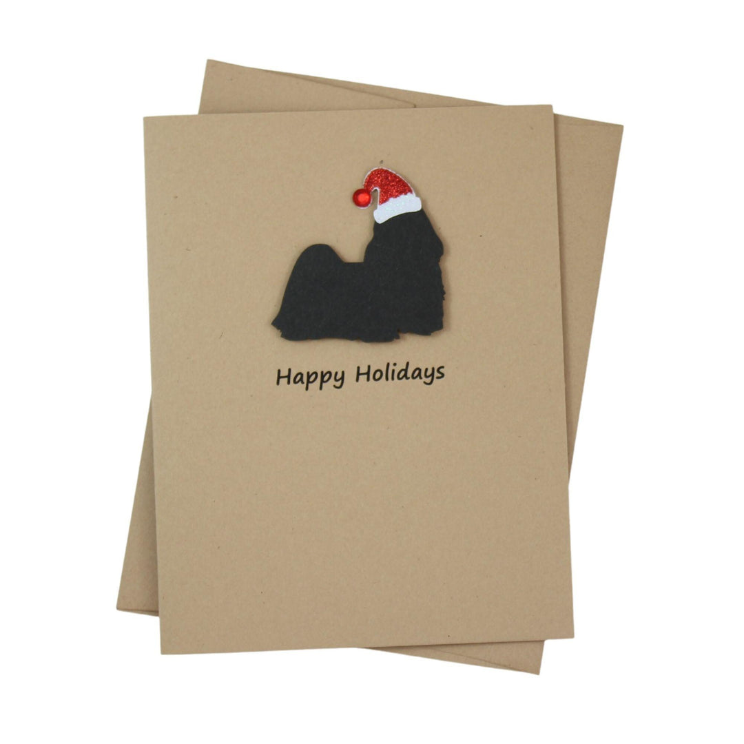 Shih Tzu - Lhasa Apso Christmas Cards Pack of 10 | Pet Holiday Notecards | Black Cream Dog Greeting with Santa hat | Kraft Brown