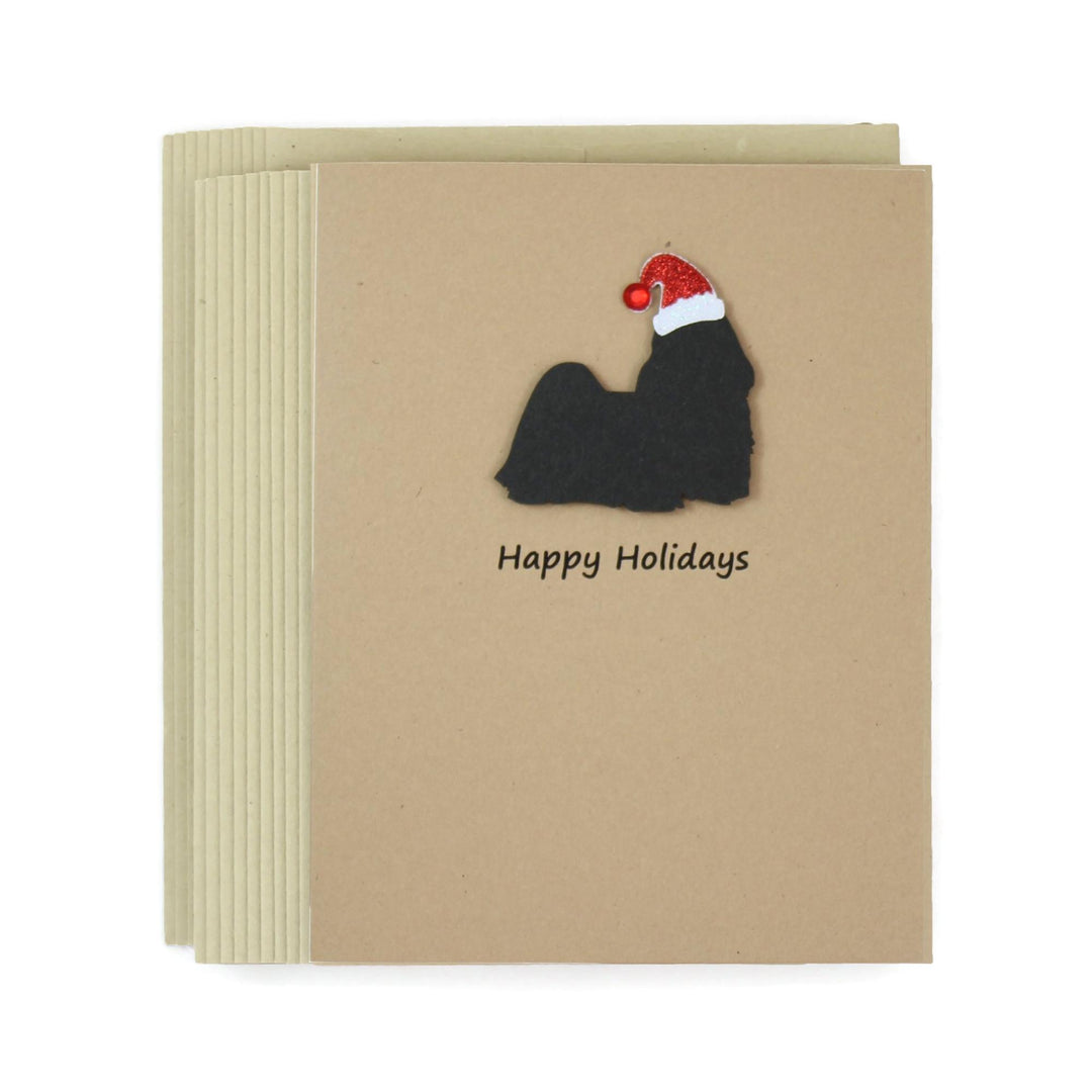 Shih Tzu - Lhasa Apso Christmas Cards Pack of 10 | Pet Holiday Notecards | Black Cream Dog Greeting with Santa hat | Kraft Brown