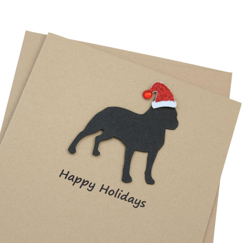 Boston Terrier Christmas Greeting Cards Pack of 10 | Handmade Black Dog Holiday Boxed Set | Sparkly Santa Hat Kraft Brown Envelopes