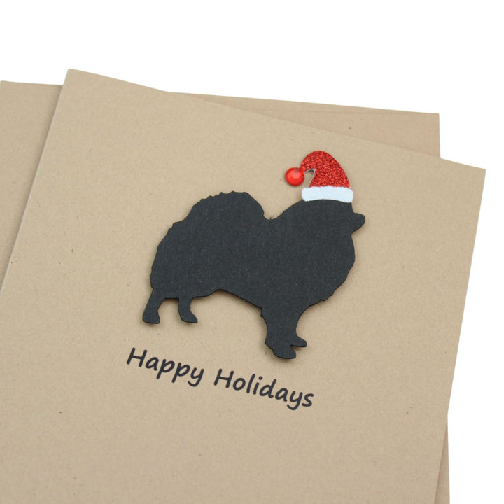 Pomeranian Pomchi Christmas Cards Pack of 10 | Pet Holiday Notecards | Black White Dog Greeting with Santa hat | Kraft Brown