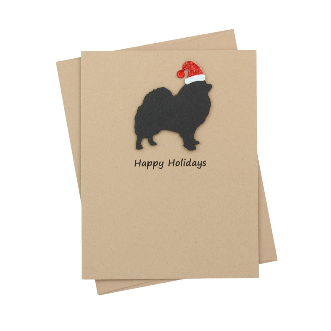 Pomeranian Pomchi Christmas Cards Pack of 10 | Pet Holiday Notecards | Black White Dog Greeting with Santa hat | Kraft Brown