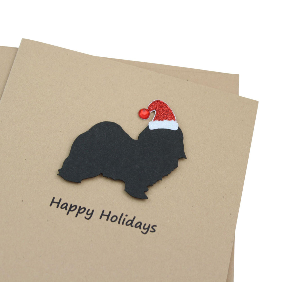 Havanese Christmas Cards Pack of 10 | Pet Holiday Notecards | Black White Dog Greeting with Santa hat | Kraft Brown