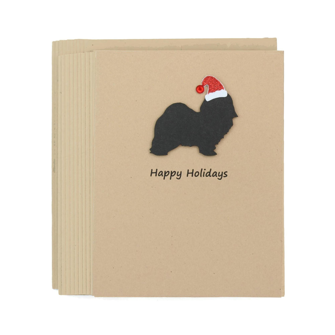 Havanese Christmas Cards Pack of 10 | Pet Holiday Notecards | Black White Dog Greeting with Santa hat | Kraft Brown