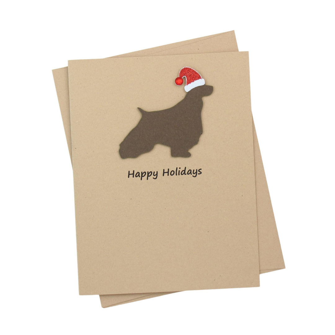 English Springer Spaniel Christmas Cards Pack of 10 | Pet Holiday Notecards | Black Brown Dog Greeting with Santa hat | Kraft Brown