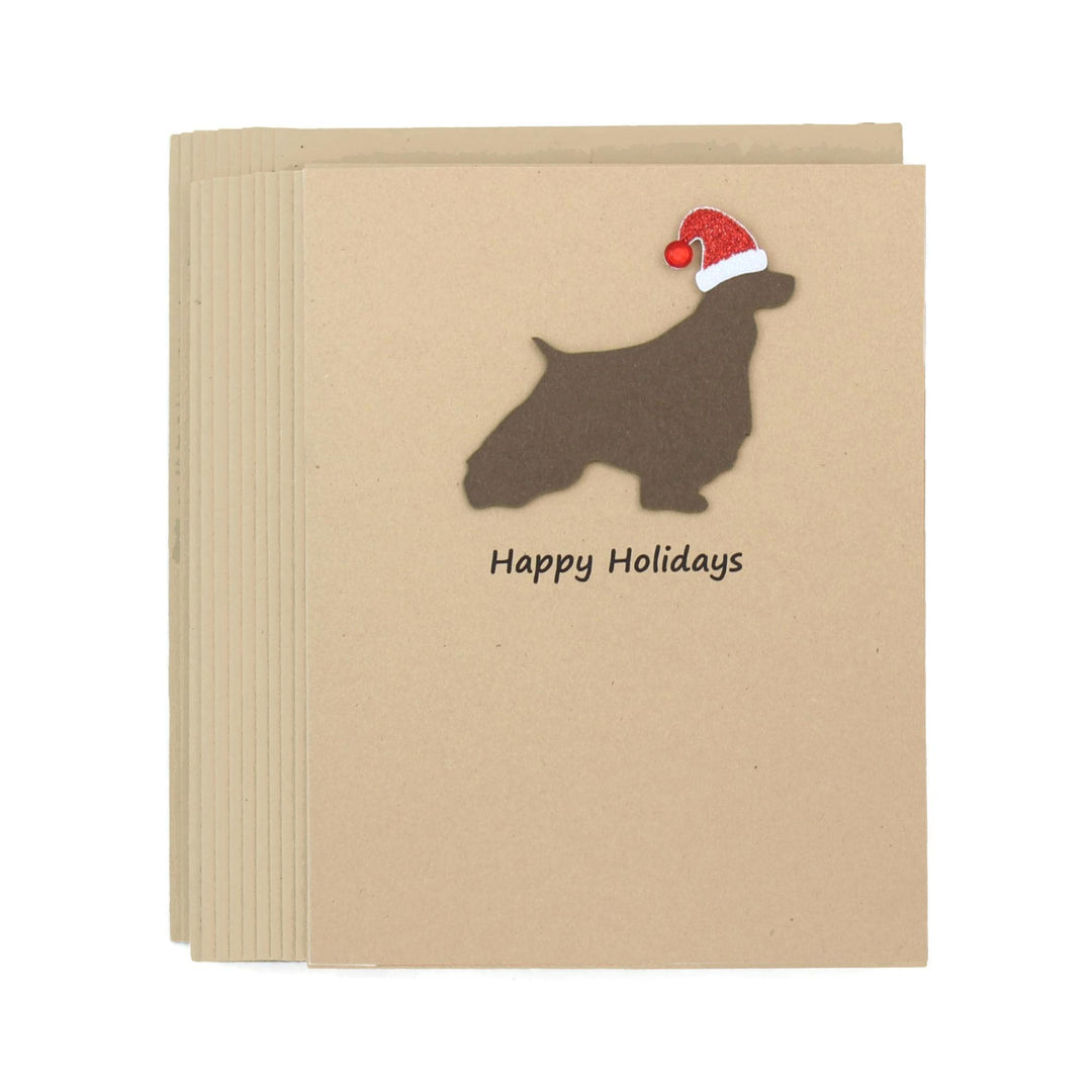 English Springer Spaniel Christmas Cards Pack of 10 | Pet Holiday Notecards | Black Brown Dog Greeting with Santa hat | Kraft Brown