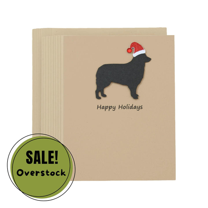 Border Collie Christmas Greeting Cards Pack of 10 | Handmade Black Dog Holiday Boxed Set | Sparkly Santa Hat Kraft Brown Envelopes