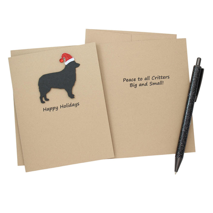 Border Collie Christmas Greeting Cards Pack of 10 | Handmade Black Dog Holiday Boxed Set | Sparkly Santa Hat Kraft Brown Envelopes