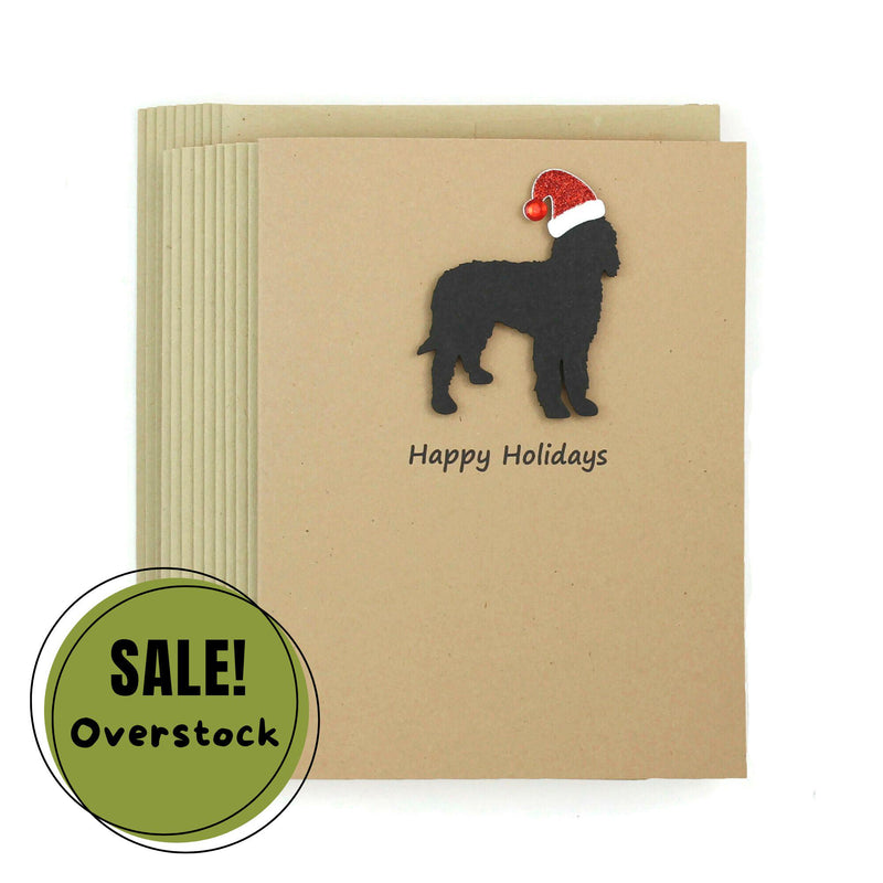 Black Doodle Christmas Cards Pack of 10 | Handmade Black Labradoodle Dog Holiday Bernedoodle | Sparkly Santa Hat Pet Notecards Kraft Brown