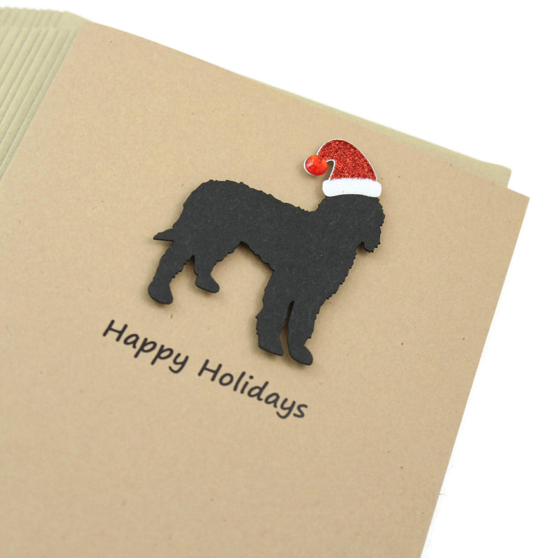 Black Doodle Christmas Cards Pack of 10 | Handmade Black Labradoodle Dog Holiday Bernedoodle | Sparkly Santa Hat Pet Notecards Kraft Brown