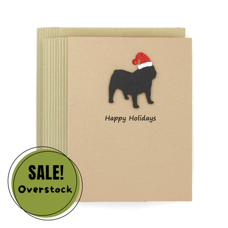 Black Bulldog Christmas Cards Pack of 10 | Handmade English Bulldog Dog Holiday Notecards | Sparkly Santa Hat Pet Kraft Brown with Envelopes