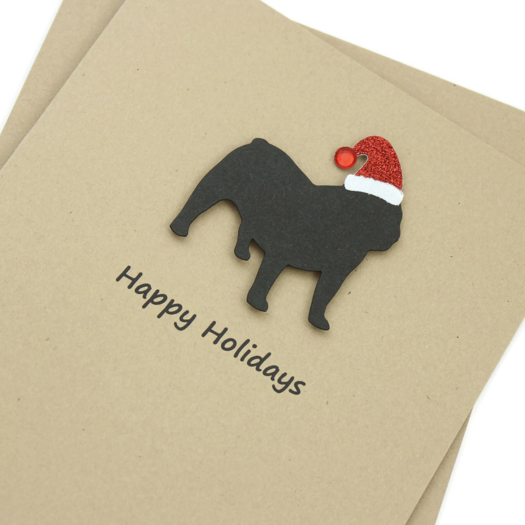 Black Bulldog Christmas Cards Pack of 10 | Handmade English Bulldog Dog Holiday Notecards | Sparkly Santa Hat Pet Kraft Brown with Envelopes