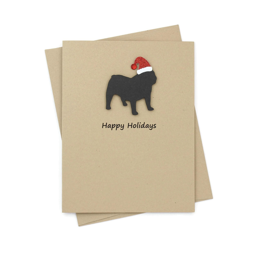 Black Bulldog Christmas Cards Pack of 10 | Handmade English Bulldog Dog Holiday Notecards | Sparkly Santa Hat Pet Kraft Brown with Envelopes