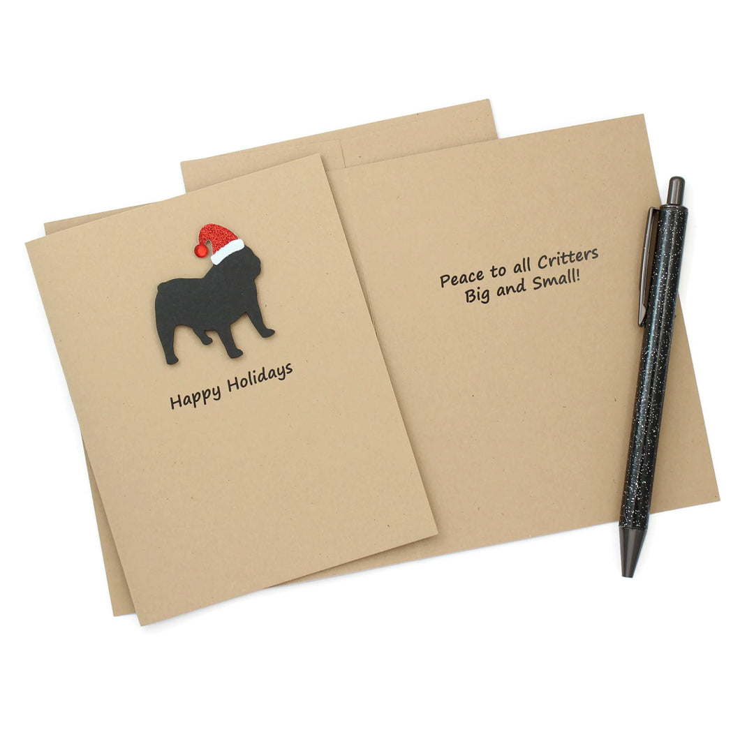 Black Bulldog Christmas Cards Pack of 10 | Handmade English Bulldog Dog Holiday Notecards | Sparkly Santa Hat Pet Kraft Brown with Envelopes