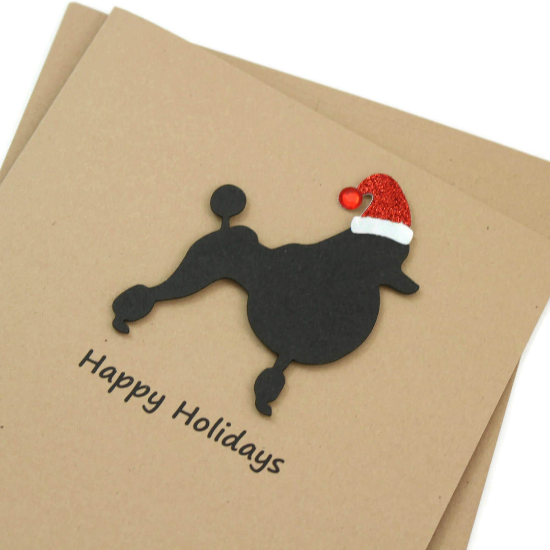 Black Poodle Christmas Cards Pack of 10 | Handmade Black Dog Holiday Continental Clip | Sparkly Santa Hat Pet Notecards Kraft Brown