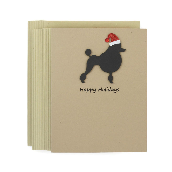 Black Poodle Christmas Cards Pack of 10 | Handmade Black Dog Holiday Continental Clip | Sparkly Santa Hat Pet Notecards Kraft Brown