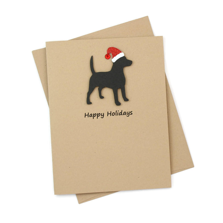 Beagle Christmas Greeting Cards Pack of 10 | Handmade Black Dog Holiday Boxed Set | Sparkly Santa Hat Pet Notecards Kraft Brown Envelopes