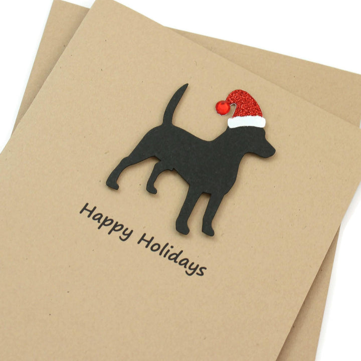 Beagle Christmas Greeting Cards Pack of 10 | Handmade Black Dog Holiday Boxed Set | Sparkly Santa Hat Pet Notecards Kraft Brown Envelopes