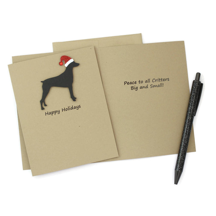 Pinscher Christmas Greeting Cards Pack of 10 | Handmade Black Dog Holiday Boxed Set | Sparkly Santa Hat Doberman Miniature German Pinscher