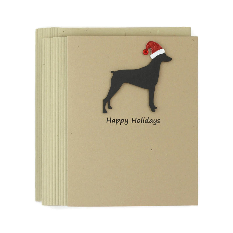 Pinscher Christmas Greeting Cards Pack of 10 | Handmade Black Dog Holiday Boxed Set | Sparkly Santa Hat Doberman Miniature German Pinscher