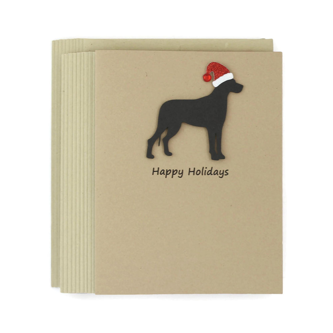 Great Dane Christmas Greeting Cards Pack of 10 | Handmade Black Dog Holiday Boxed Set | Sparkly Santa Hat Kraft Brown with Envelopes