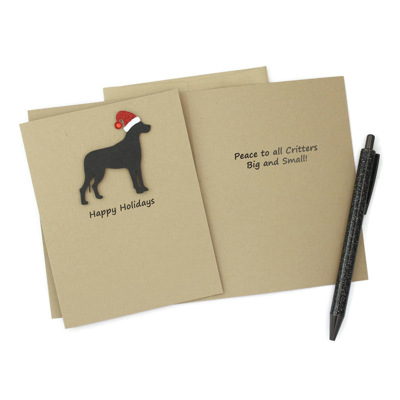 Great Dane Christmas Greeting Cards Pack of 10 | Handmade Black Dog Holiday Boxed Set | Sparkly Santa Hat Kraft Brown with Envelopes