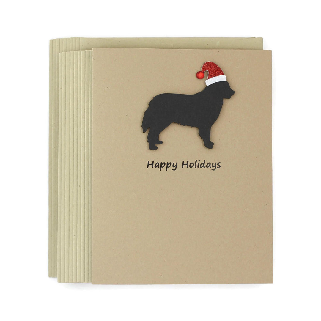 Bernese Mountain Dog Christmas Greeting Cards Pack of 10 | Handmade Black Dog Holiday Boxed Set | Sparkly Santa Hat Kraft Brown Envelopes