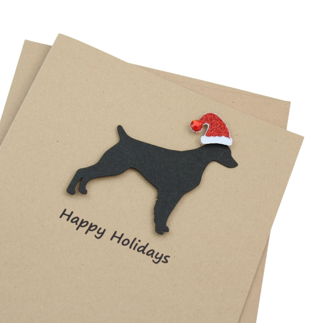 Brittany Christmas Cards Pack of 10 | Pet Holiday Notecards | Black White Dog Greeting with Santa hat | Kraft Brown