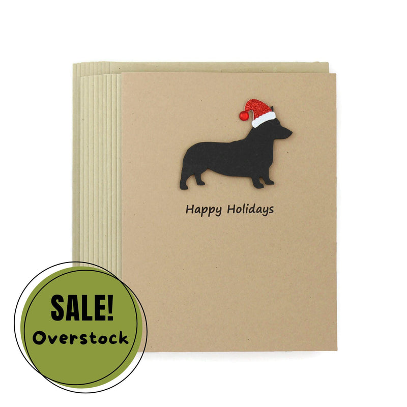 Pembroke Welsh Corgi Christmas Greeting Cards Pack of 10 | Handmade Black Dog Holiday Boxed Set | Sparkly Santa Hat Kraft Brown Envelopes