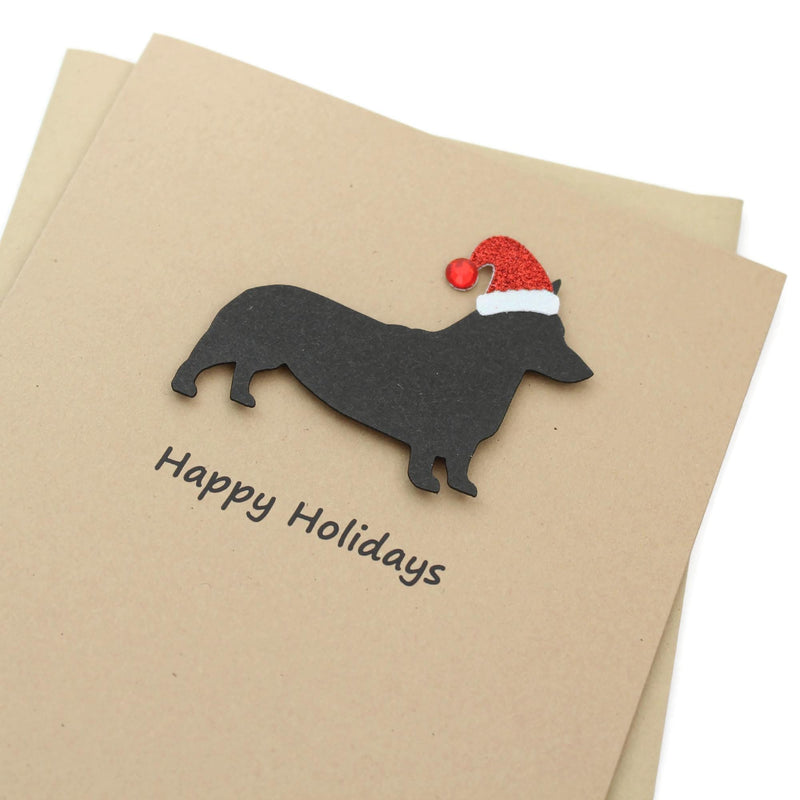 Pembroke Welsh Corgi Christmas Greeting Cards Pack of 10 | Handmade Black Dog Holiday Boxed Set | Sparkly Santa Hat Kraft Brown Envelopes