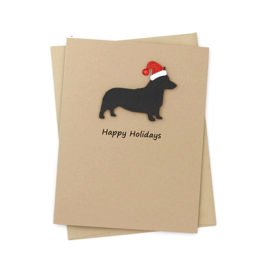 Pembroke Welsh Corgi Christmas Greeting Cards Pack of 10 | Handmade Black Dog Holiday Boxed Set | Sparkly Santa Hat Kraft Brown Envelopes