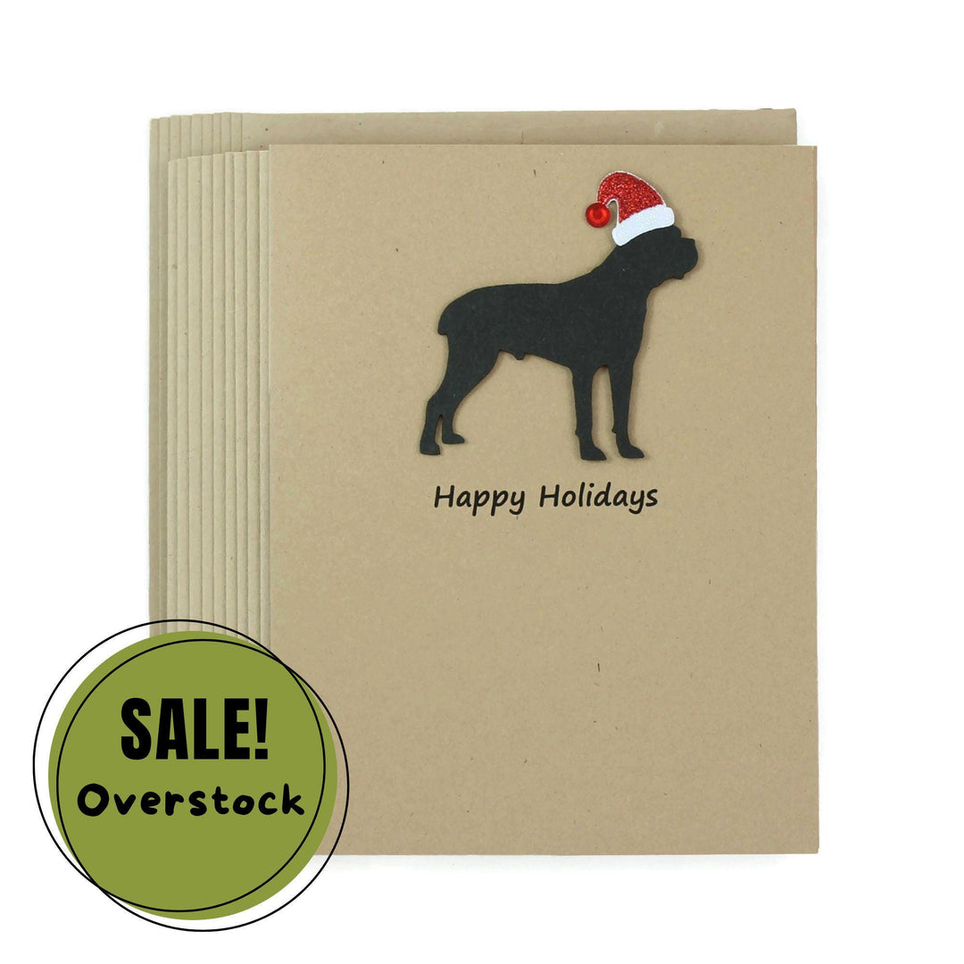 Cane Corso Christmas Greeting Cards Pack of 10 | Handmade Black Dog Holiday Boxed Set | Sparkly Santa Hat Kraft Brown Envelopes