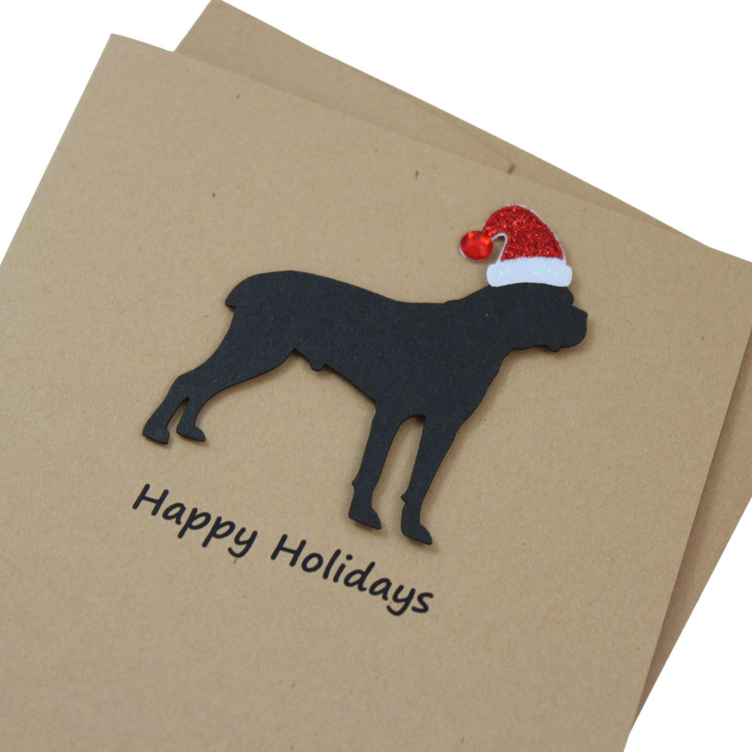 Cane Corso Christmas Greeting Cards Pack of 10 | Handmade Black Dog Holiday Boxed Set | Sparkly Santa Hat Kraft Brown Envelopes