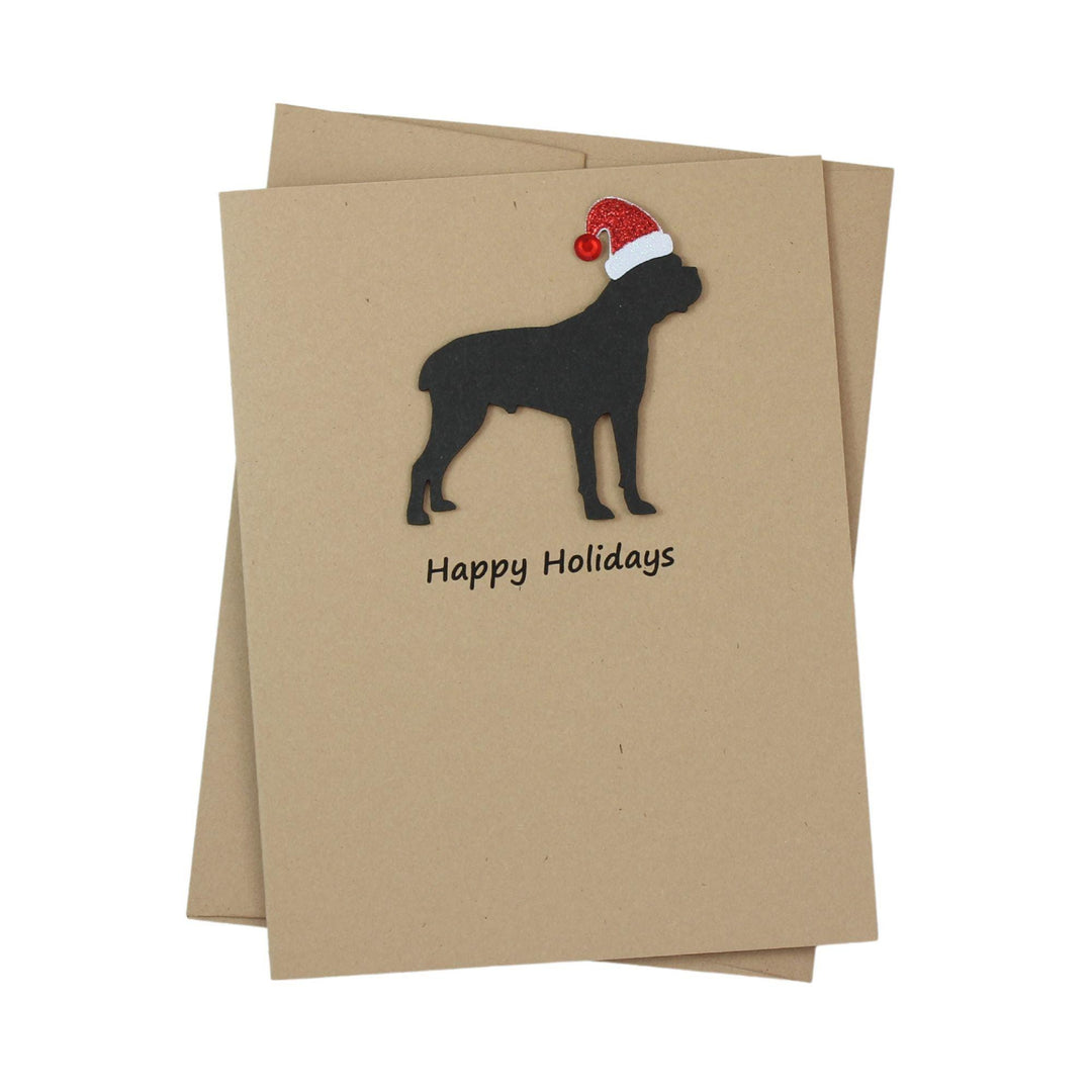 Cane Corso Christmas Greeting Cards Pack of 10 | Handmade Black Dog Holiday Boxed Set | Sparkly Santa Hat Kraft Brown Envelopes