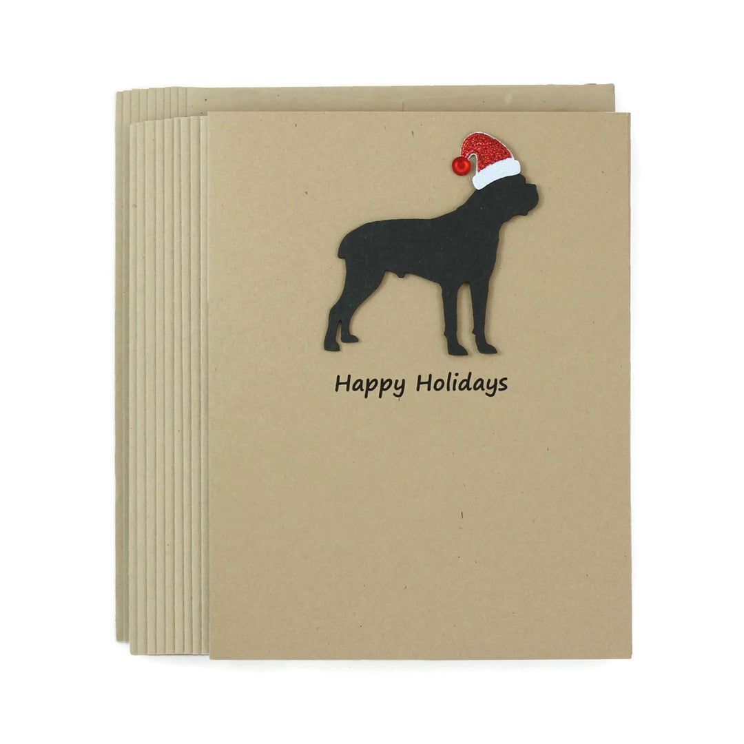 Cane Corso Christmas Greeting Cards Pack of 10 | Handmade Black Dog Holiday Boxed Set | Sparkly Santa Hat Kraft Brown Envelopes