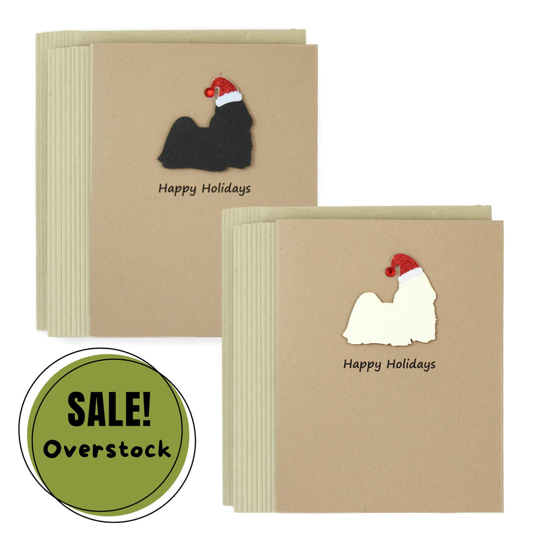 Shih Tzu - Lhasa Apso Christmas Cards Pack of 10 | Pet Holiday Notecards | Black Cream Dog Greeting with Santa hat | Kraft Brown