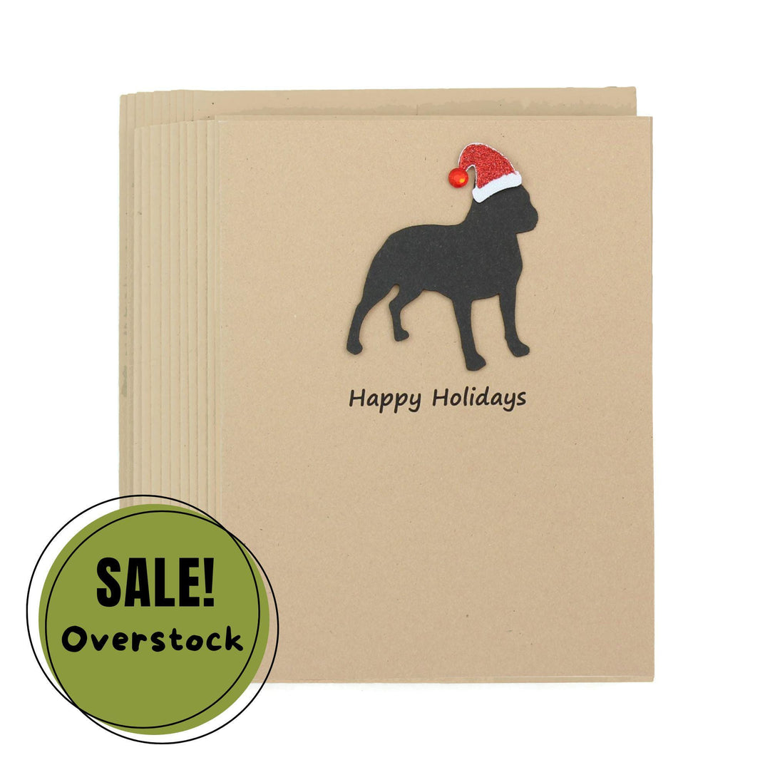 Boston Terrier Christmas Greeting Cards Pack of 10 | Handmade Black Dog Holiday Boxed Set | Sparkly Santa Hat Kraft Brown Envelopes