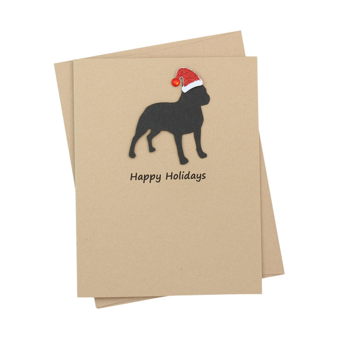 Boston Terrier Christmas Greeting Cards Pack of 10 | Handmade Black Dog Holiday Boxed Set | Sparkly Santa Hat Kraft Brown Envelopes