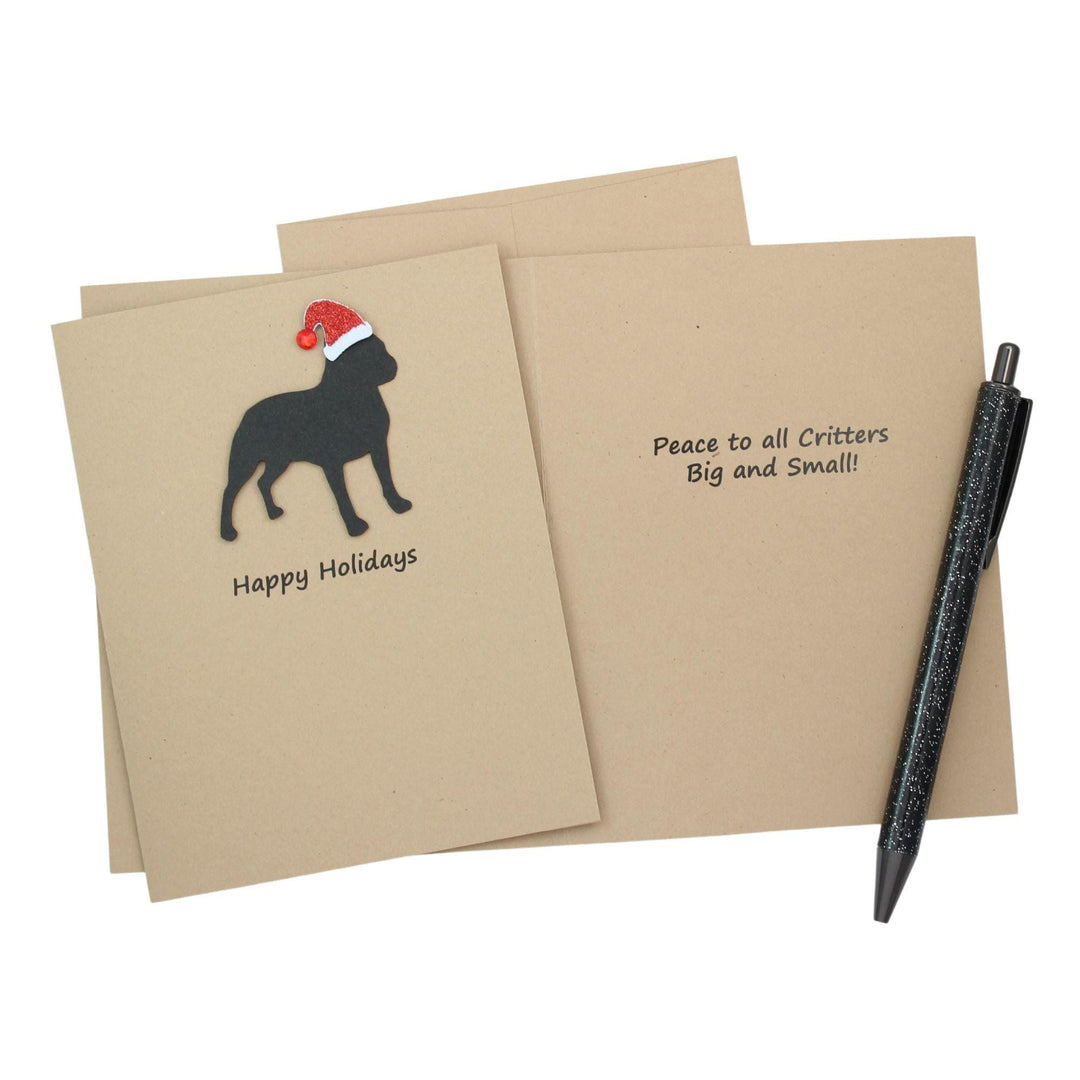 Boston Terrier Christmas Greeting Cards Pack of 10 | Handmade Black Dog Holiday Boxed Set | Sparkly Santa Hat Kraft Brown Envelopes