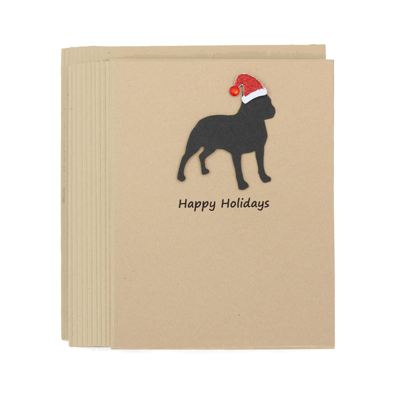 Boston Terrier Christmas Greeting Cards Pack of 10 | Handmade Black Dog Holiday Boxed Set | Sparkly Santa Hat Kraft Brown Envelopes