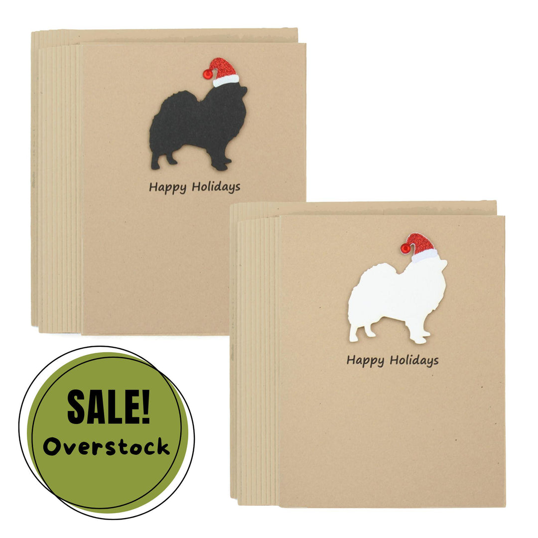 Pomeranian Pomchi Christmas Cards Pack of 10 | Pet Holiday Notecards | Black White Dog Greeting with Santa hat | Kraft Brown