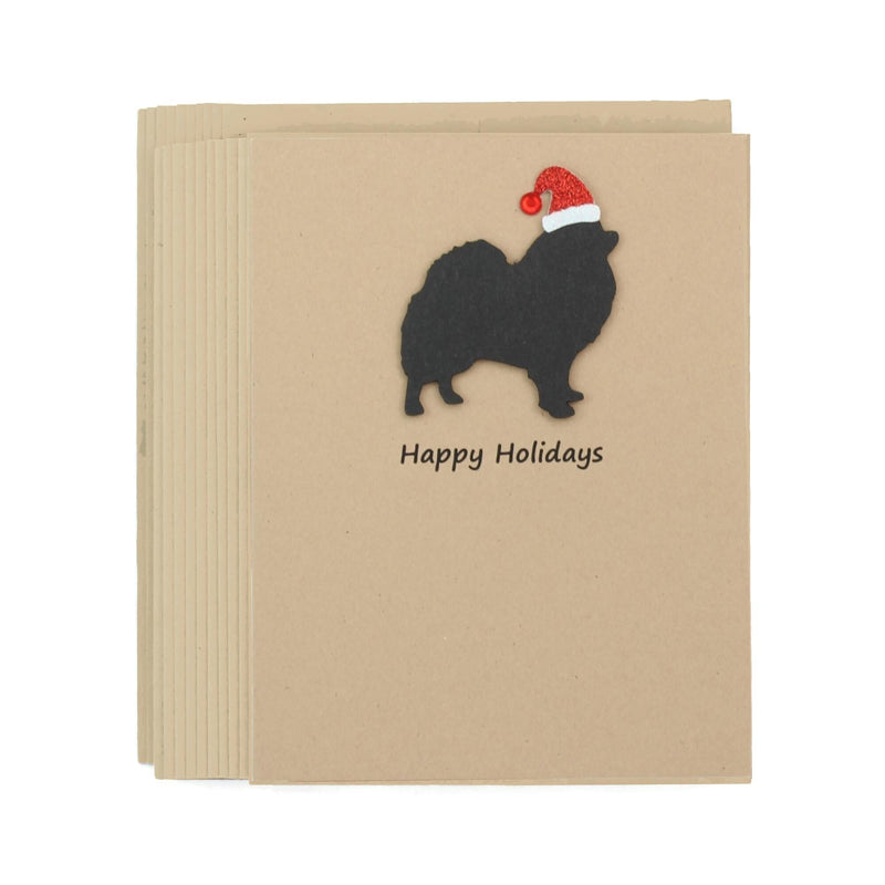 Pomeranian Pomchi Christmas Cards Pack of 10 | Pet Holiday Notecards | Black White Dog Greeting with Santa hat | Kraft Brown